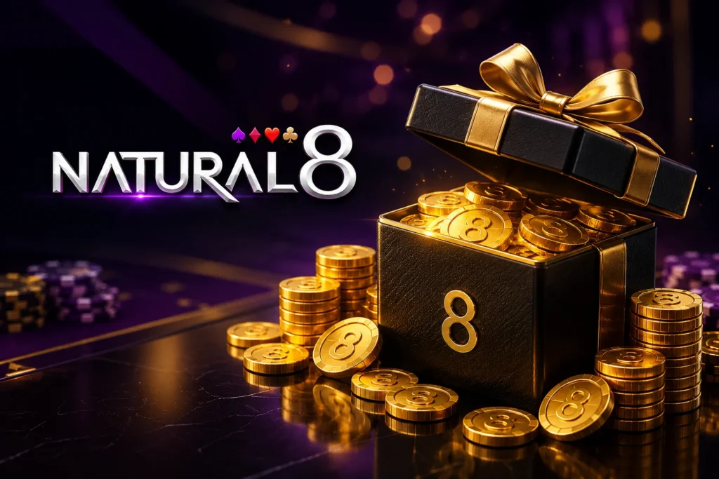 Horizontal Natural8 promotional banner with luxury gift box filled with gold coins, Natural8 logo, and premium casino-themed purple background.