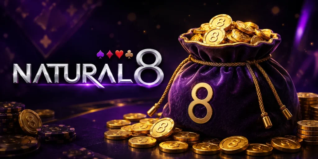 แบนเนอร์โปรโมชั่นแนวนอนของ Natural8 ที่มีภาพถุงเหรียญหรูหราบรรจุเหรียญทอง โลโก้ Natural8 และพื้นหลังสีม่วงระดับพรีเมียมในธีมคาสิโน