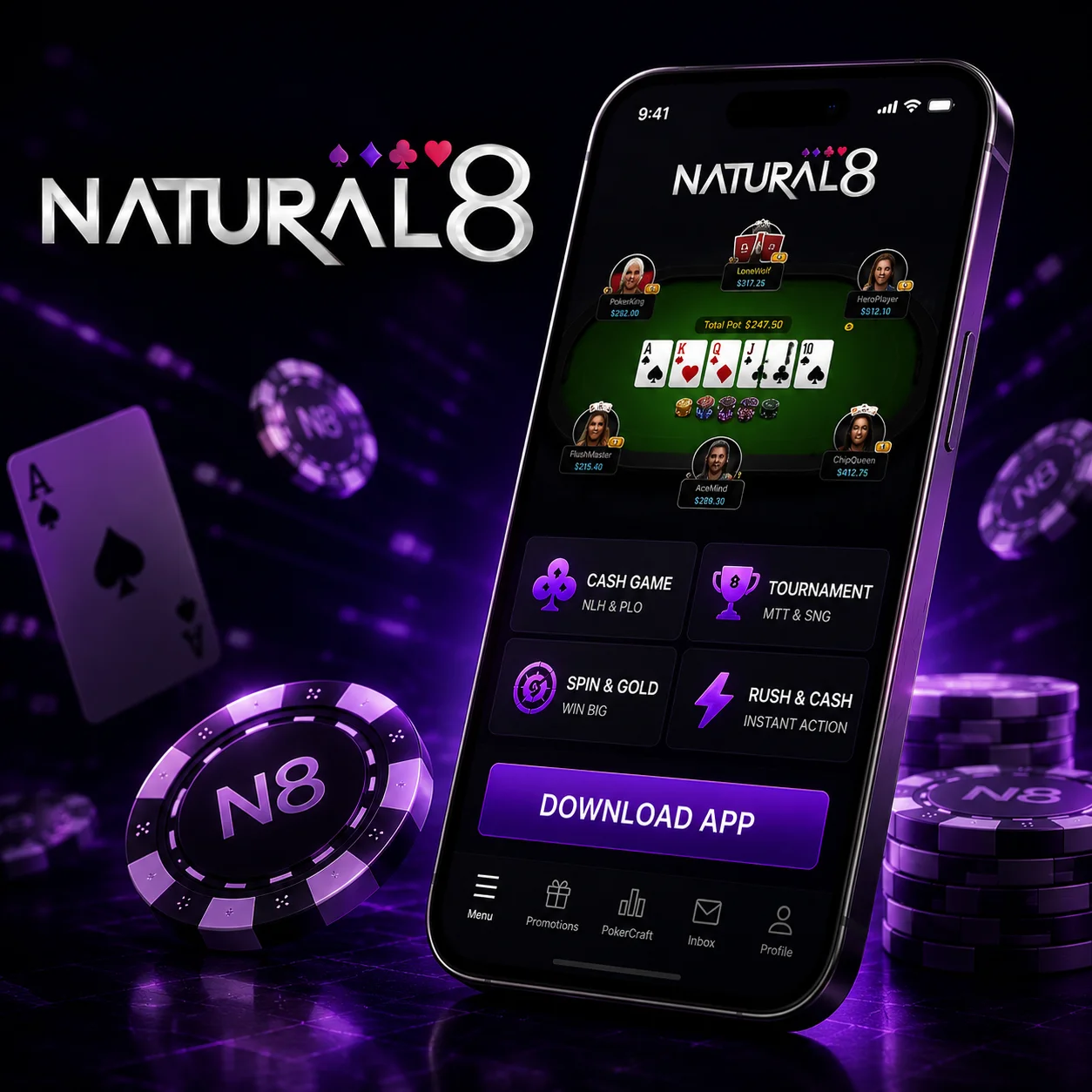 Natural8 poker mobile app promotional image with smartphone, Download App button, poker chips, and Natural8 logo on a dark purple casino-themed background.