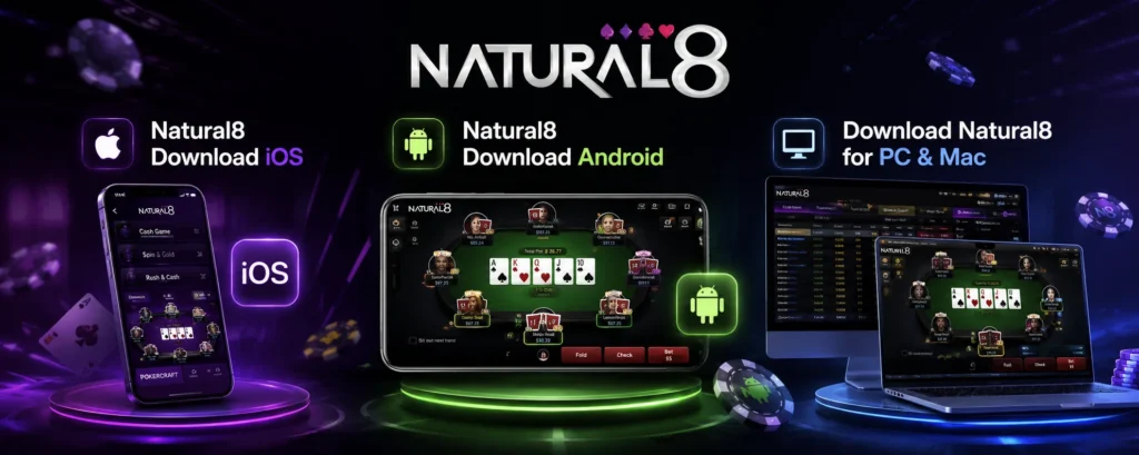Natural8 poker app download banner with iOS, Android, and PC & Mac devices, featuring the Natural8 logo and multi-platform poker gameplay interface.