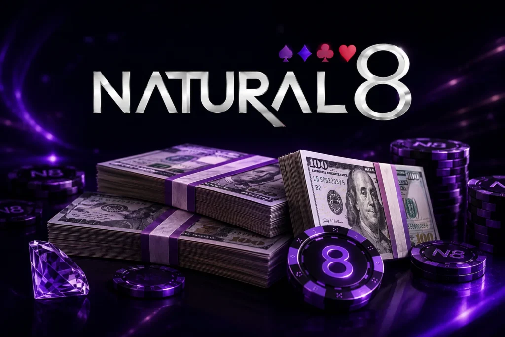 Horizontal Natural8 promotional banner with Natural8 logo, stacks of cash, poker chips, and luxury casino-themed purple background.