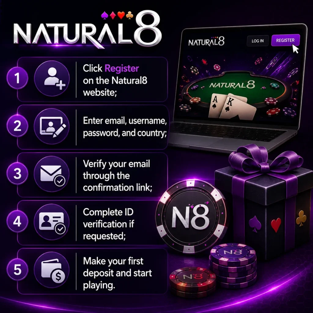 Natural8 registration guide with step-by-step account setup, verification process, first deposit instructions, Natural8 logo, and casino-themed background.