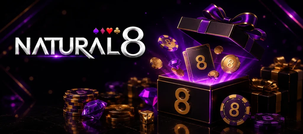 Natural8 bonus gift box with poker chips, coins, cards and exclusive welcome rewards