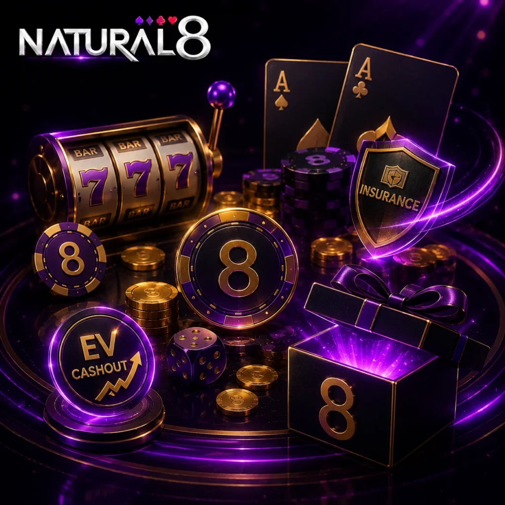 Natural8 casino games with poker chips, cards, bonus features and logo
