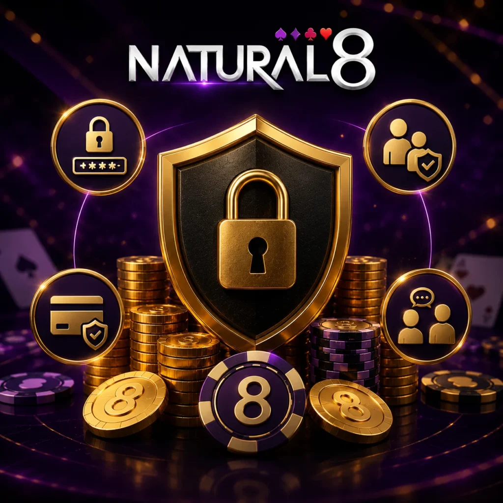 Natural8 security shield with account protection and safe gaming tools.