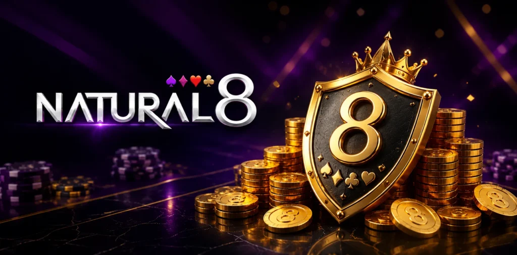 Natural8 security shield with gold coins and premium player protection concept.