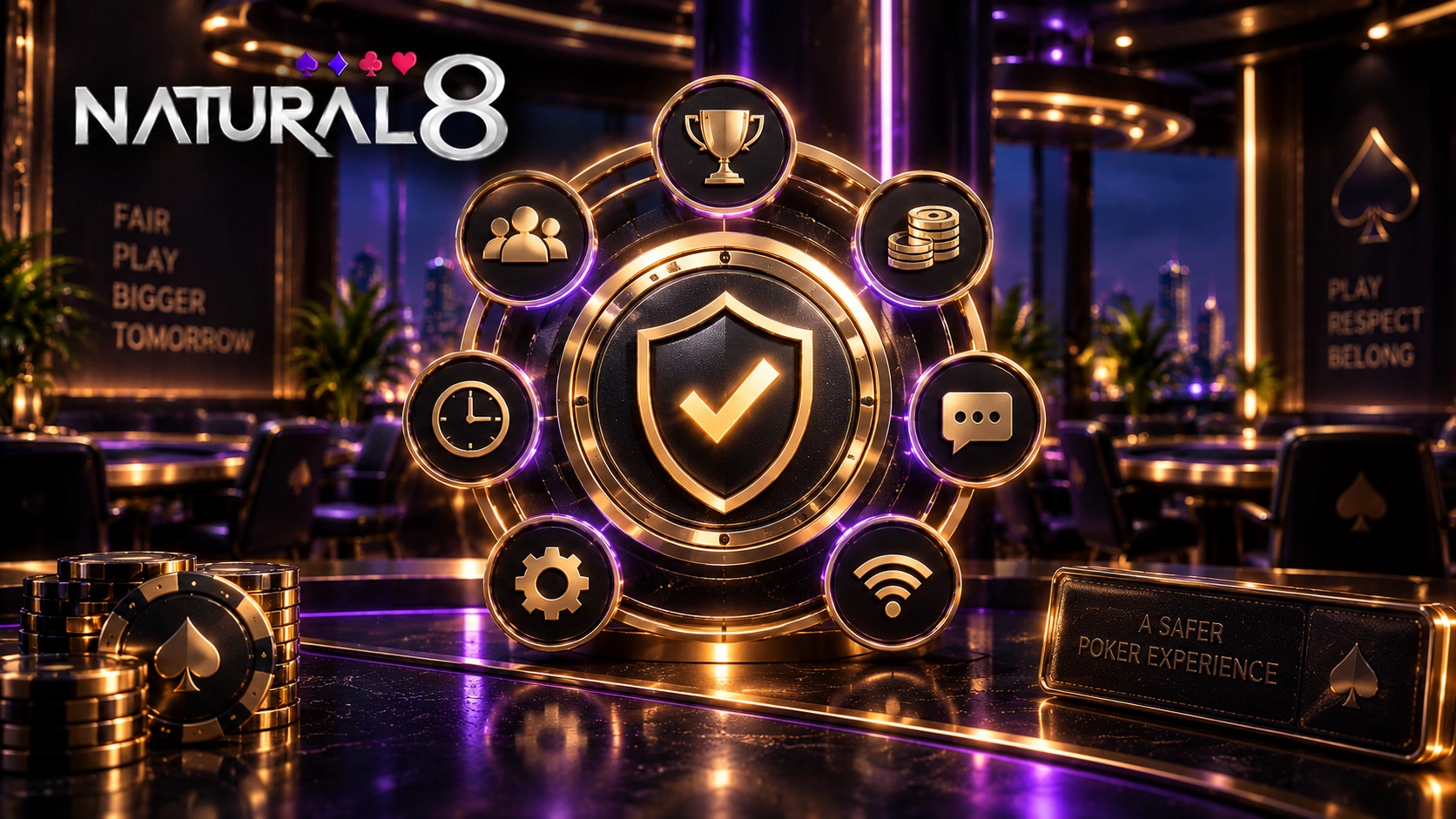 Natural8 house rules with fair play shield, table conduct icons and security controls