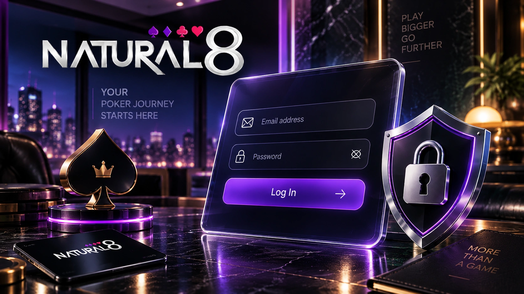Natural8 login interface with secure sign-in panel and account protection shield