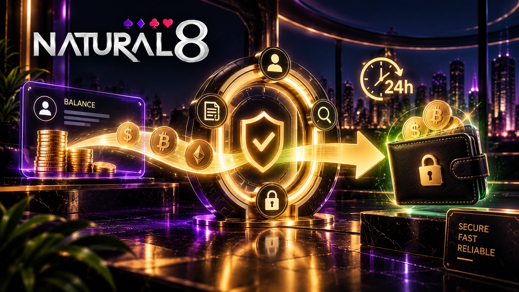 Natural8 secure withdrawal with balance, transaction verification, 24-hour processing and protected wallet