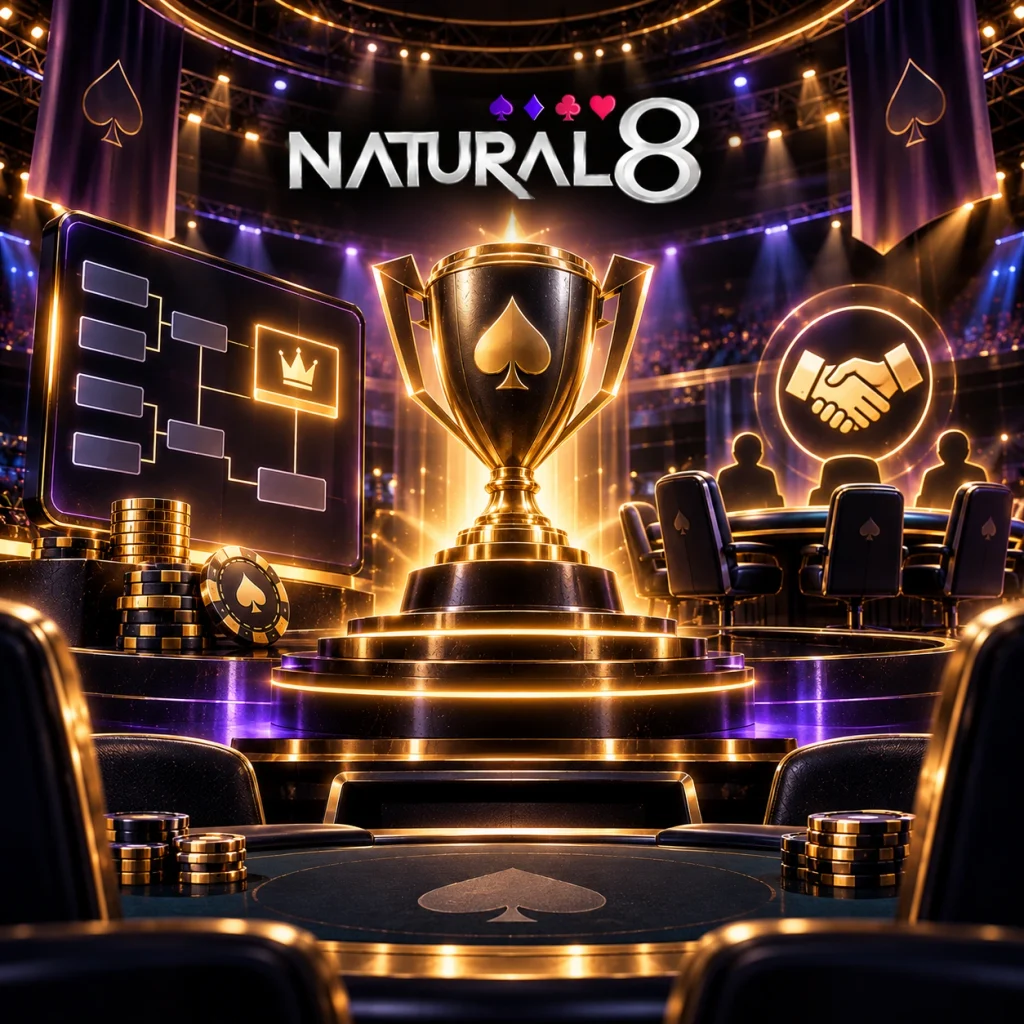 Natural8 tournament stage with championship trophy and deal-making symbol
